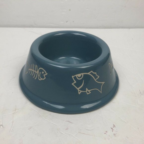 Cat Bowl Dish Food Water Blue Fish Bone Meow Ceramic - Picture 5 of 8